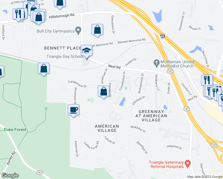 map of restaurants, bars, coffee shops, grocery stores, and more near 47 Pocono Drive in Durham