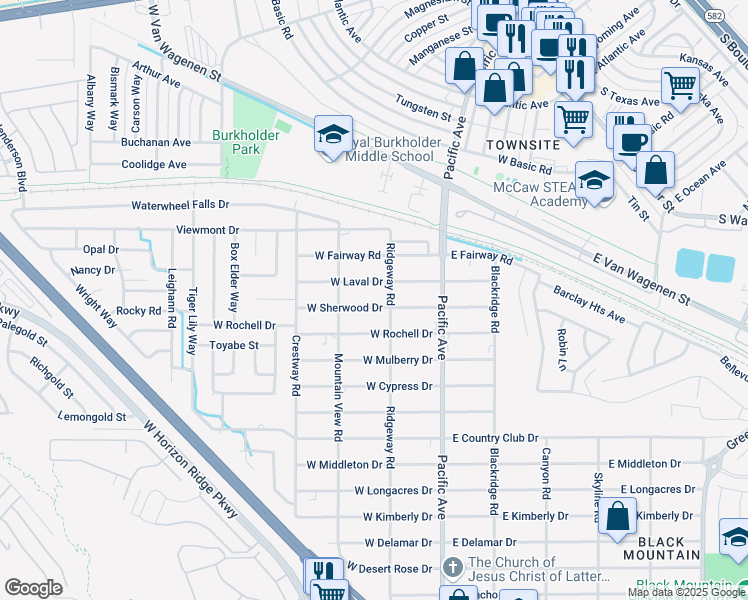 map of restaurants, bars, coffee shops, grocery stores, and more near 181 West Sherwood Drive in Henderson