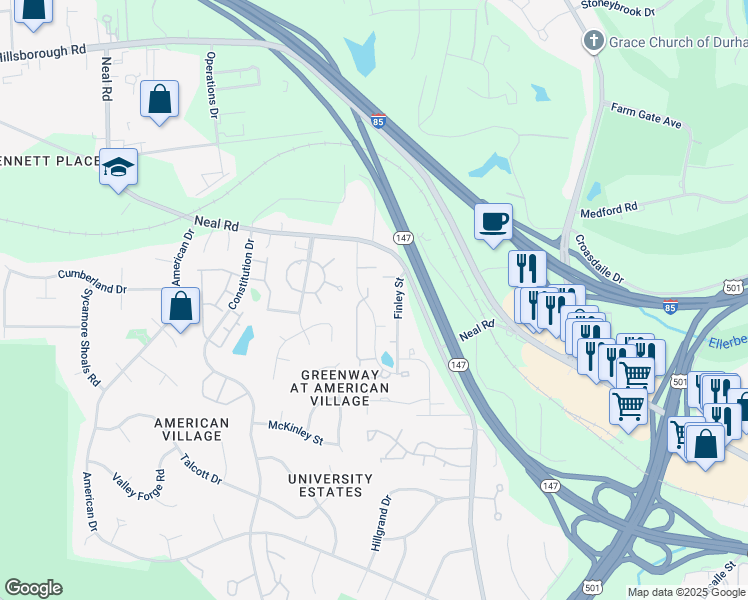 map of restaurants, bars, coffee shops, grocery stores, and more near 12 Quintin Place in Durham