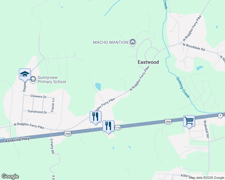 map of restaurants, bars, coffee shops, grocery stores, and more near 7215 North Ruggles Ferry Pike in Knoxville