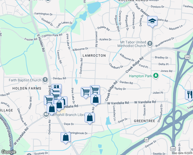 map of restaurants, bars, coffee shops, grocery stores, and more near 2705 Pinecroft Road in Greensboro