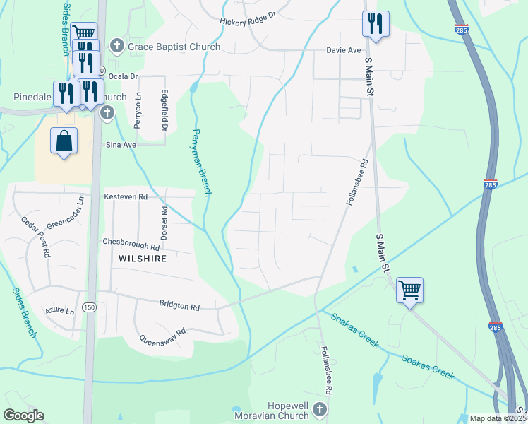 map of restaurants, bars, coffee shops, grocery stores, and more near 4821 Bridgton Place Drive in Winston-Salem