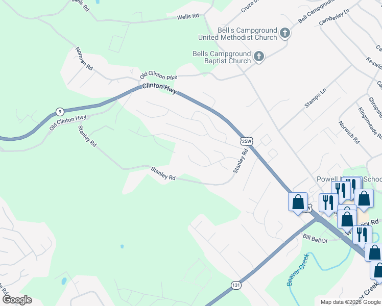 map of restaurants, bars, coffee shops, grocery stores, and more near 7919 Poplar Grove Ln in Powell