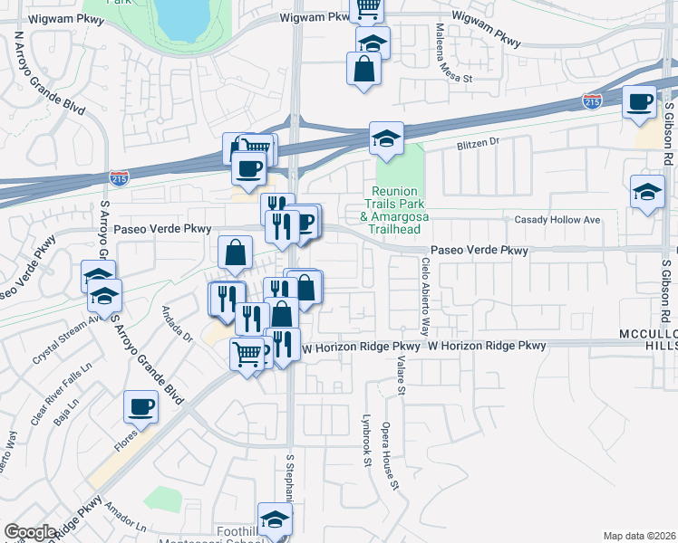 map of restaurants, bars, coffee shops, grocery stores, and more near 1328 Spice Ridge Court in Henderson