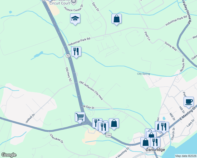 map of restaurants, bars, coffee shops, grocery stores, and more near 919 County Farm Road in Dandridge