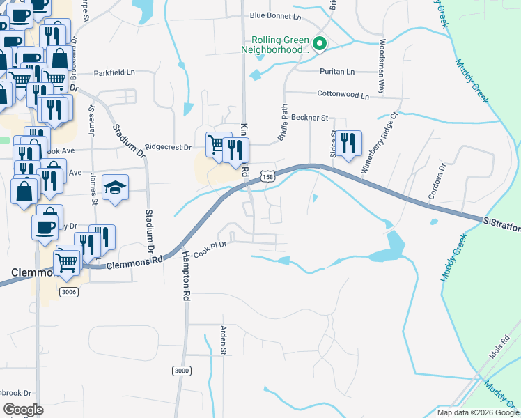 map of restaurants, bars, coffee shops, grocery stores, and more near 400 Hawk Ridge Drive in Winston-Salem