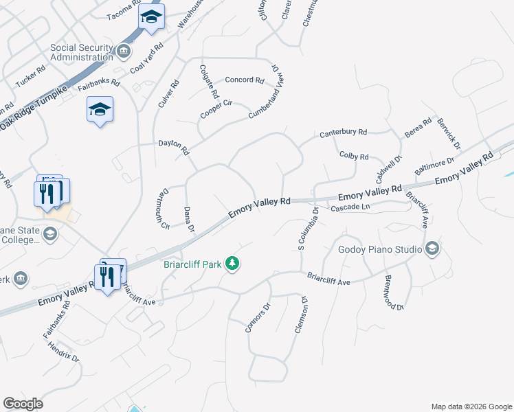 map of restaurants, bars, coffee shops, grocery stores, and more near 513 Emory Valley Road in Oak Ridge