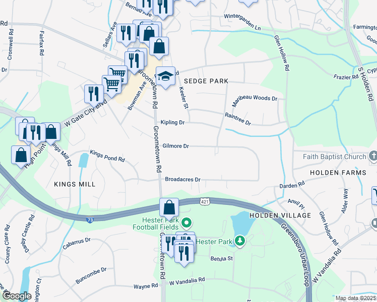 map of restaurants, bars, coffee shops, grocery stores, and more near 4005 Gilmore Drive in Greensboro