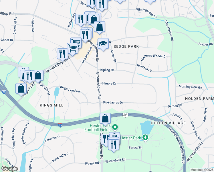 map of restaurants, bars, coffee shops, grocery stores, and more near 4017 Gilmore Drive in Greensboro