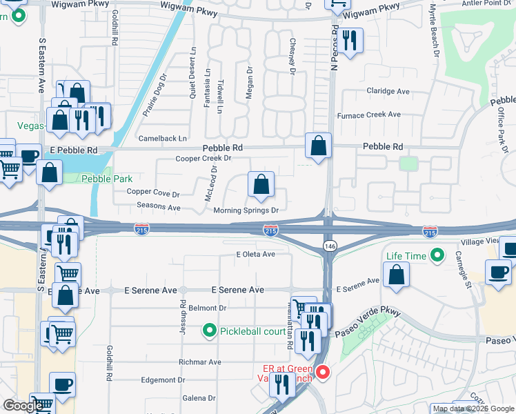 map of restaurants, bars, coffee shops, grocery stores, and more near 3171 Morning Springs Drive in Henderson