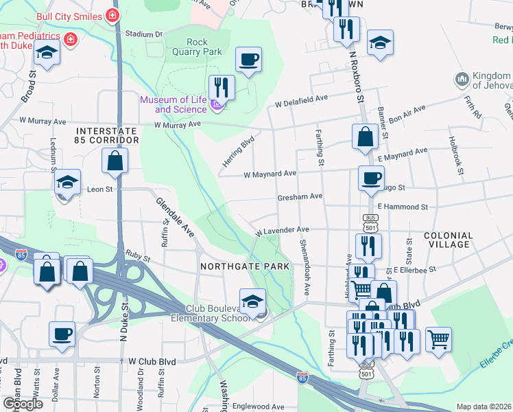 map of restaurants, bars, coffee shops, grocery stores, and more near 312 Greenwood Drive in Durham