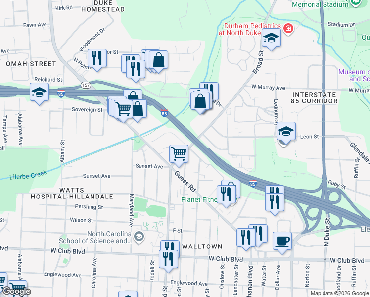 map of restaurants, bars, coffee shops, grocery stores, and more near 1717 Hillcrest Drive in Durham