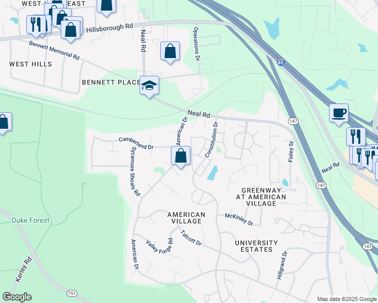 map of restaurants, bars, coffee shops, grocery stores, and more near 67 Pocono Drive in Durham