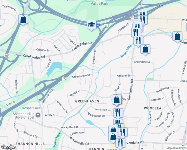 map of restaurants, bars, coffee shops, grocery stores, and more near 3604 Lynhaven Drive in Greensboro