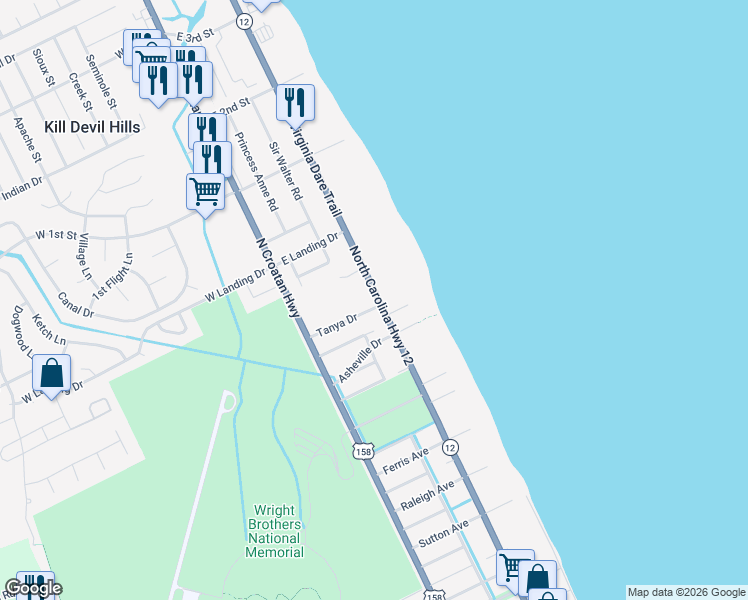 map of restaurants, bars, coffee shops, grocery stores, and more near 119 Tanya Drive in Kill Devil Hills