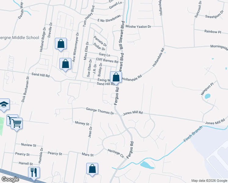map of restaurants, bars, coffee shops, grocery stores, and more near 315 Fergus Road in La Vergne