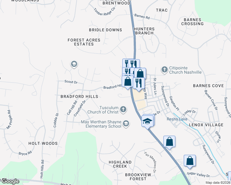 map of restaurants, bars, coffee shops, grocery stores, and more near 6101 Nolensville Pike in Nashville