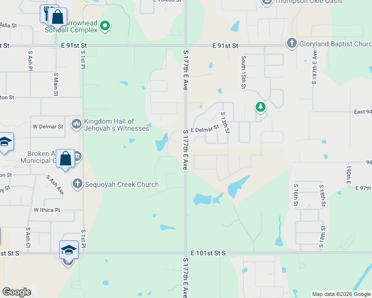 map of restaurants, bars, coffee shops, grocery stores, and more near 9606 South 177th East Avenue in Broken Arrow