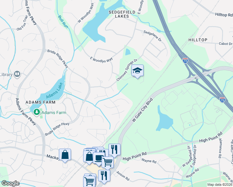 map of restaurants, bars, coffee shops, grocery stores, and more near 4 Archer Glen Court in Greensboro
