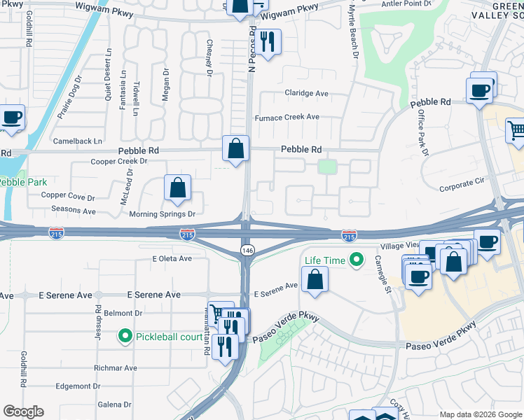 map of restaurants, bars, coffee shops, grocery stores, and more near 2544 Vía Di Autostrada in Henderson