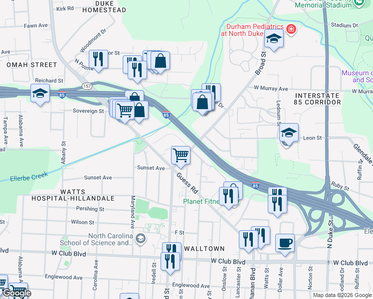map of restaurants, bars, coffee shops, grocery stores, and more near 1717 Hillcrest Drive in Durham