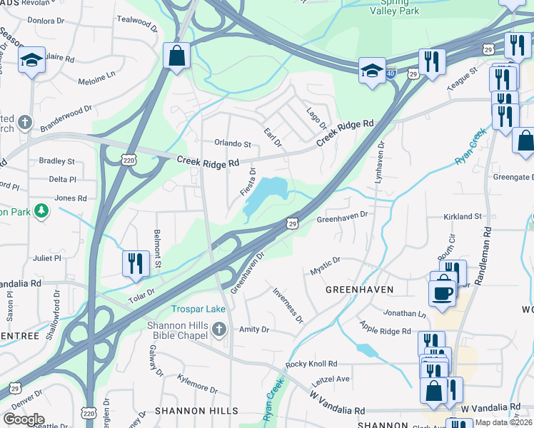 map of restaurants, bars, coffee shops, grocery stores, and more near 3535 Riverside Drive in Greensboro