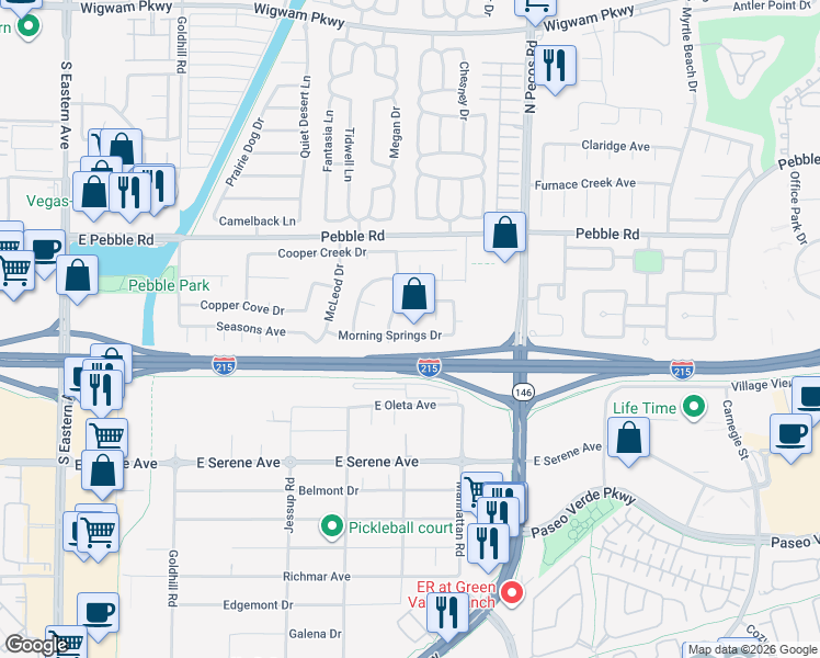 map of restaurants, bars, coffee shops, grocery stores, and more near 3171 Morning Springs Drive in Henderson