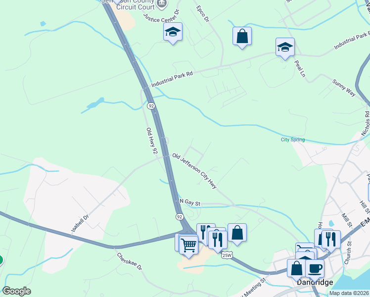 map of restaurants, bars, coffee shops, grocery stores, and more near 919 County Farm Road in Dandridge