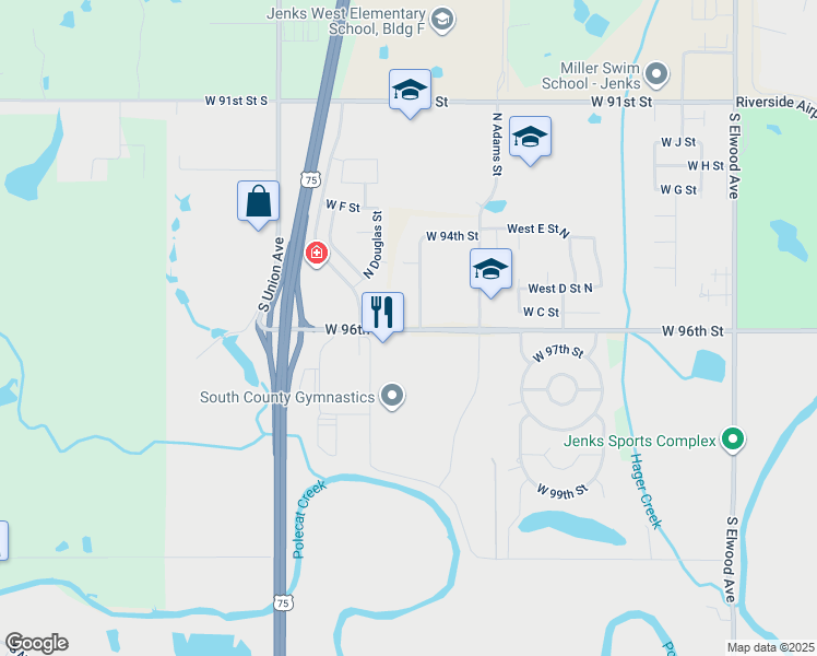 map of restaurants, bars, coffee shops, grocery stores, and more near 11212 South Cleveland Street in Jenks
