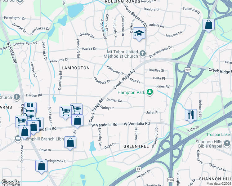 map of restaurants, bars, coffee shops, grocery stores, and more near 3204 Creek Ridge Road in Greensboro