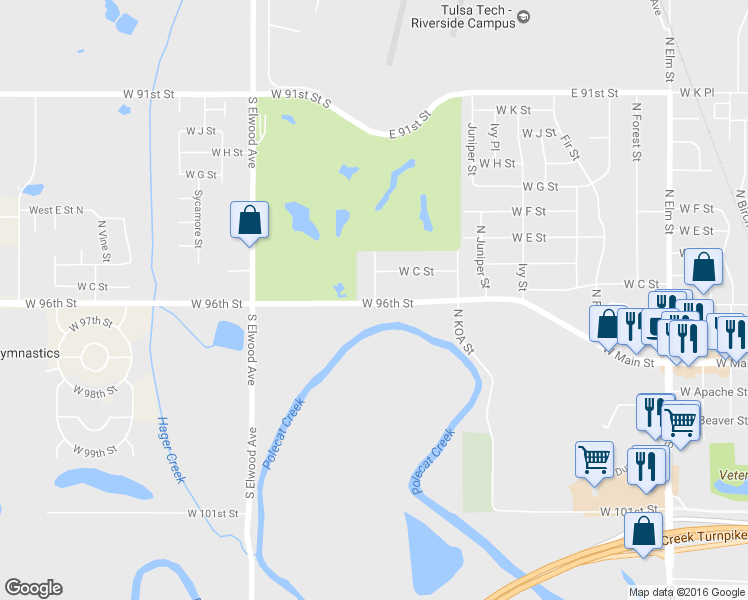 map of restaurants, bars, coffee shops, grocery stores, and more near 312 North Locust in Jenks