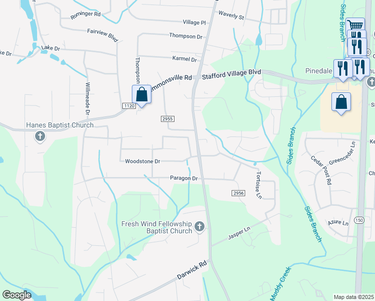 map of restaurants, bars, coffee shops, grocery stores, and more near 2760 Timber Cove Lane in Winston-Salem
