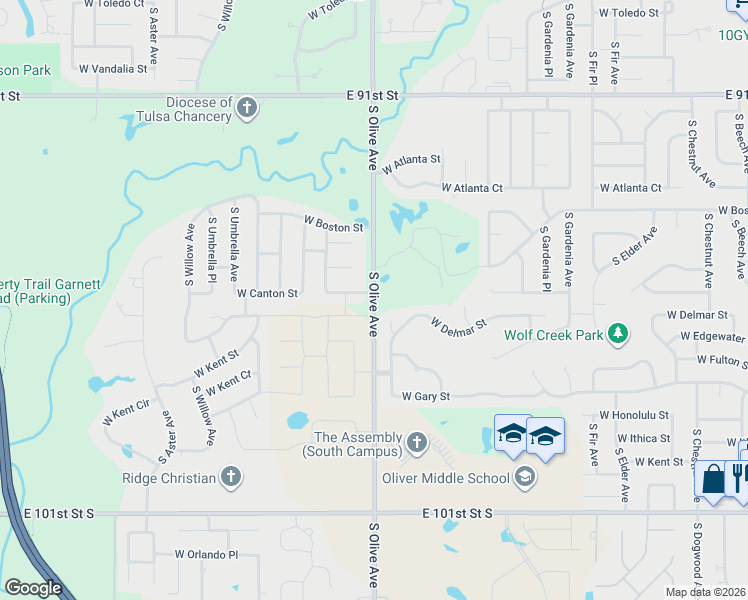map of restaurants, bars, coffee shops, grocery stores, and more near 2894 South 129th East Avenue in Broken Arrow