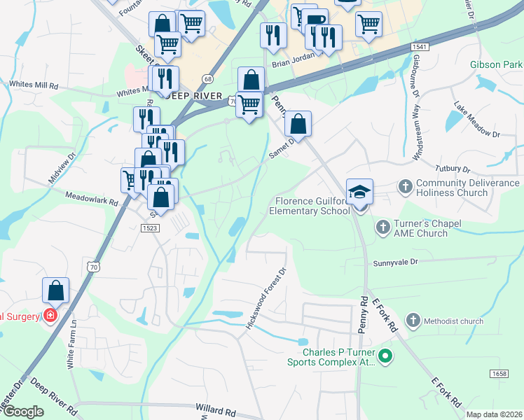 map of restaurants, bars, coffee shops, grocery stores, and more near 7824 Woodpark Drive in High Point