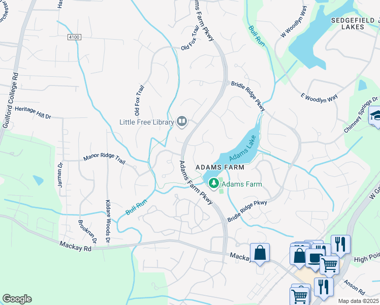map of restaurants, bars, coffee shops, grocery stores, and more near 1802 Millhouse Court in Greensboro