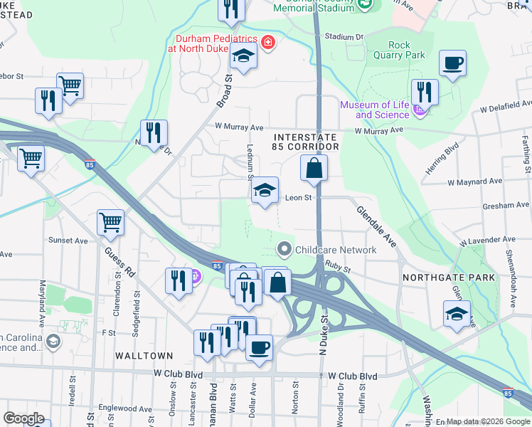map of restaurants, bars, coffee shops, grocery stores, and more near 1001 Leon Street in Durham