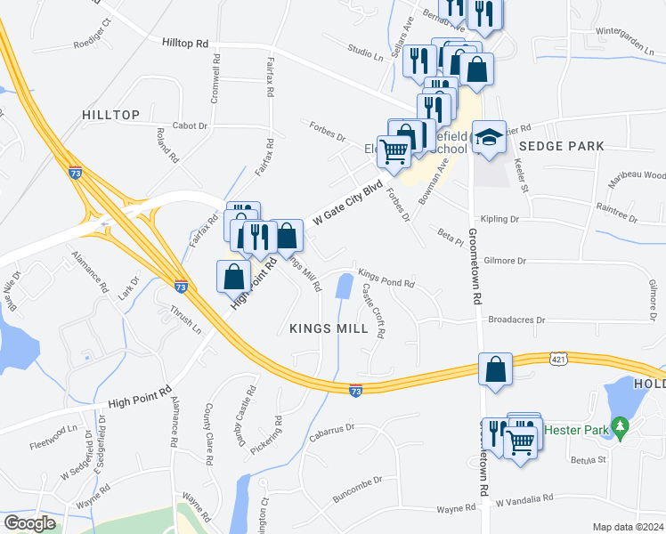 map of restaurants, bars, coffee shops, grocery stores, and more near 3005 Kings Pond Road in Greensboro