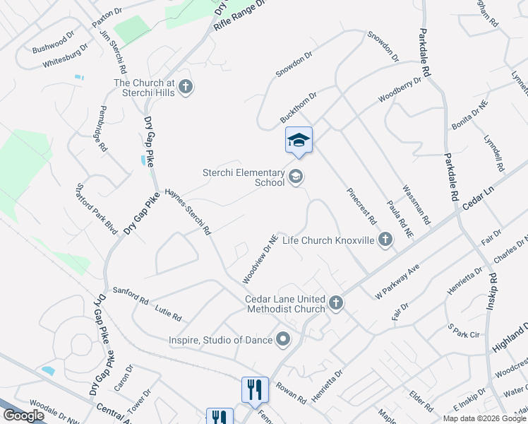 map of restaurants, bars, coffee shops, grocery stores, and more near 728 Martha Lane in Knoxville