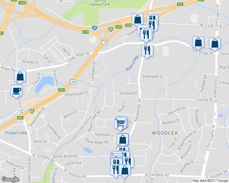 map of restaurants, bars, coffee shops, grocery stores, and more near 510 Kirkland Street in Greensboro