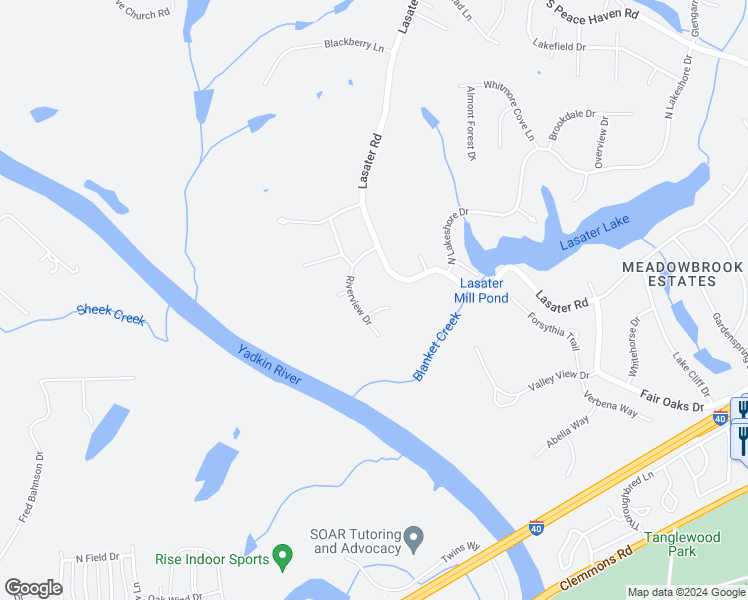 map of restaurants, bars, coffee shops, grocery stores, and more near 8193 Steeplechase Circle in Clemmons