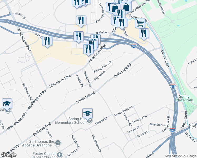 map of restaurants, bars, coffee shops, grocery stores, and more near 4928 Skyview Drive in Knoxville