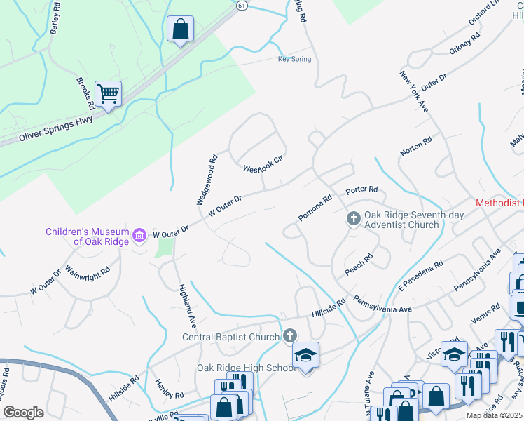 map of restaurants, bars, coffee shops, grocery stores, and more near 323 West Outer Drive in Oak Ridge