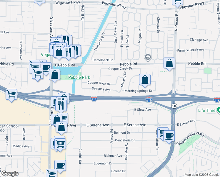 map of restaurants, bars, coffee shops, grocery stores, and more near 2970 Seasons Avenue in Henderson