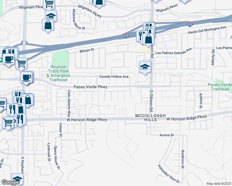 map of restaurants, bars, coffee shops, grocery stores, and more near 161 Copper Rock Court in Henderson