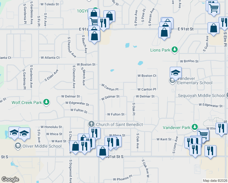 map of restaurants, bars, coffee shops, grocery stores, and more near 1817 West Canton Court in Broken Arrow
