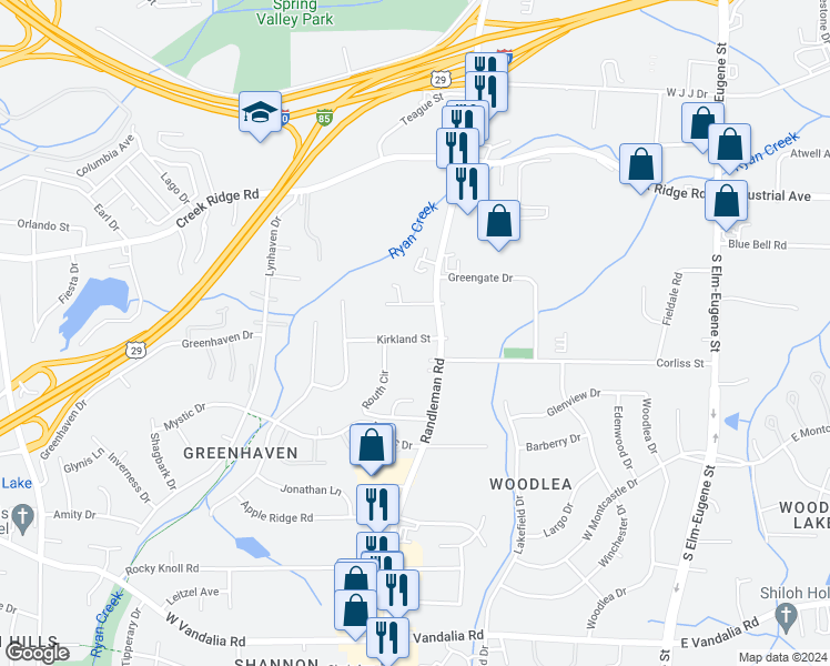 map of restaurants, bars, coffee shops, grocery stores, and more near 406 Kirkland Street in Greensboro