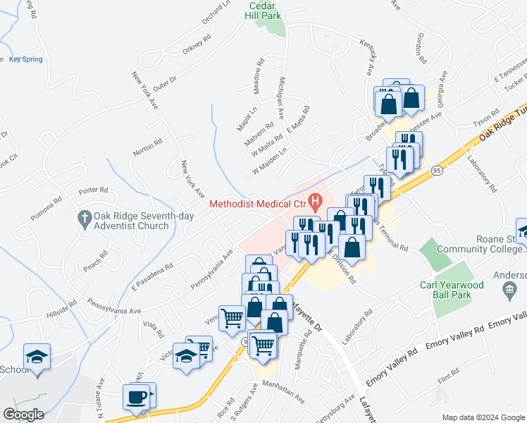 map of restaurants, bars, coffee shops, grocery stores, and more near 118 Nesper Road in Oak Ridge