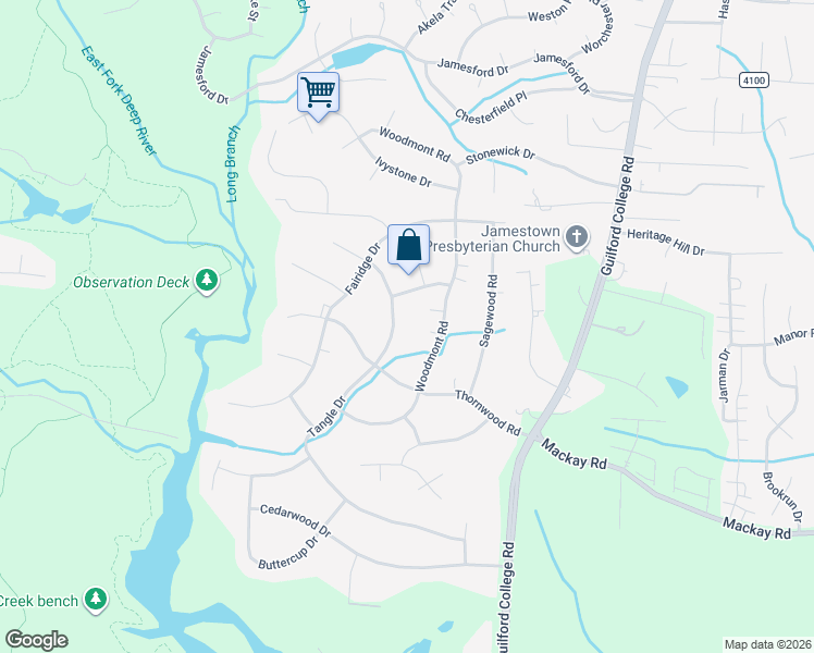 map of restaurants, bars, coffee shops, grocery stores, and more near 509 Tangle Drive in Jamestown