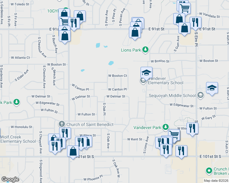 map of restaurants, bars, coffee shops, grocery stores, and more near 2445 South Oak Avenue in Broken Arrow