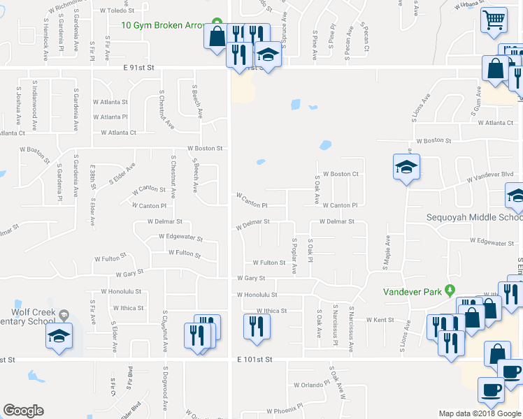 map of restaurants, bars, coffee shops, grocery stores, and more near 1915 West Canton Place in Broken Arrow